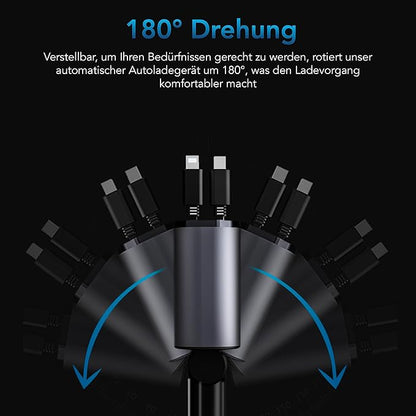 AutoSky 4-in-1 Retractable Fast Charger, for Cars: 100W Car USB-C & iPhone Cable, USB-C/A Ports - Compatible with iPhone, Galaxy, Pixel and More.