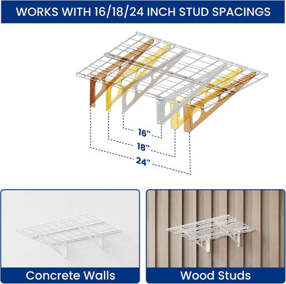 FLEXIMOUNTS 2-Pack 2x6ft Garage Shelving with Hooks, 24-inch-by-72-inch Wall Shelf Garage Storage Racks Floating Shelves, White