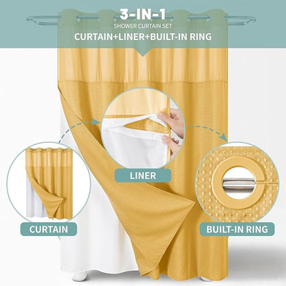 eachope Gold No Hook Waffle Weave Shower Curtain with snap-in Liner Replacement, 230GSM Waterproof Fabric Hotel Shower Curtain Set for Bathroom, Through Mesh Top Window,71Wx74H