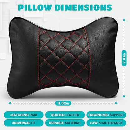 Set of 2 Quilted Faux Leather Car Headrest Pillow, Black Case/Black Threading, Ergonomic Neck Support for Comfortable Driving