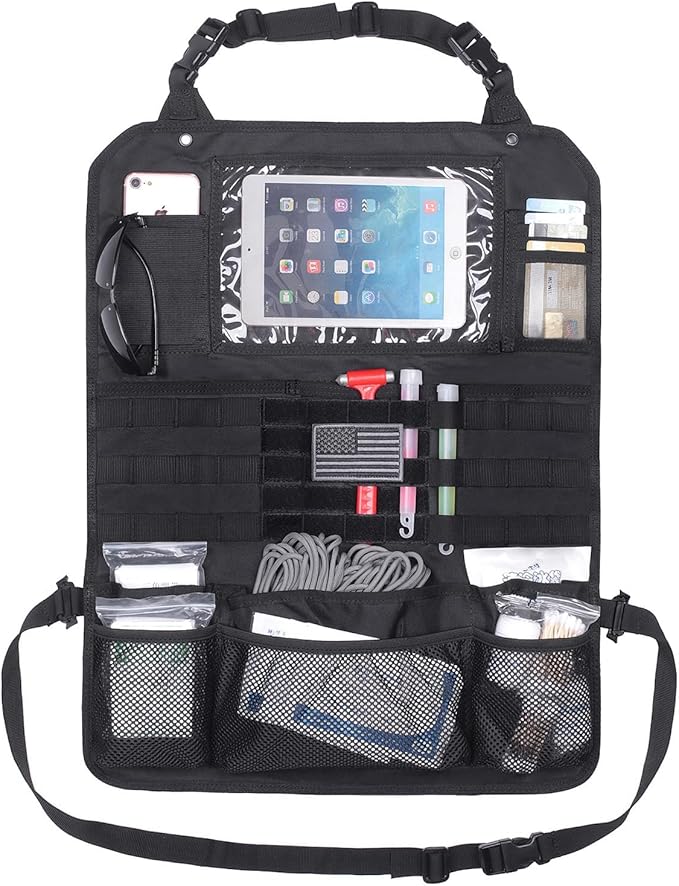 Tactical Car Seat Back Organizer Upgraded Tactical Molle Seatback Cover Protector Universal Fit Vehicles Truck MPV Pickup (Black)