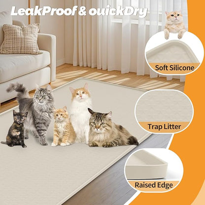 Bartuke Cat Litter Mat, Extra Large 51" x 25.6" Silicone Mat Litter Trapping Mat for Scatter Control, Soft on Kitty Paws, Easy to Clean (Beige)