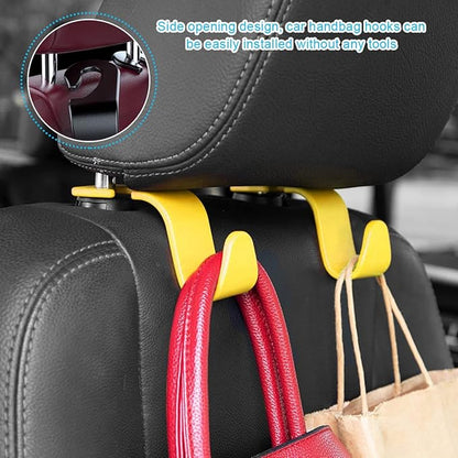 Ziciner Car Seat Headrest Hooks, 4 Pack Auto Durable Backseat Hangers Storage Organizer, Universal Vehicle Interior Holder Accessories for Purse, Grocery Bags, Handbag, Cloths ect (Yellow)