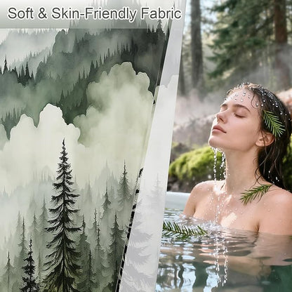 Litabel Dark Green Long Misty Pine Forest Shower Curtain 72 x 78, Mountain Foggy Woodland Scenery Tree 78 Inch Long Shower Curtains for Bathroom, Abstract Waterproof Nature-Themed Decor