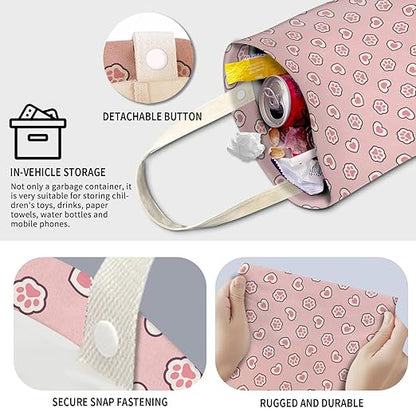 Cute Car Trash Can, Hanging Canvas Car Back Seat Organizer and Storage Bag, Funny Car Trash Bag For Travelling, Outdoor Cute Pink Heart Paw