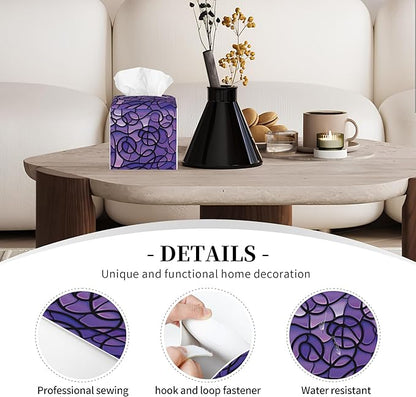 POIUBLE Abstract Purple Stained Glass Tissue Box Cover Leather Tissue Box Holder Square Facial Paper Organizer Dispenser for Bathroom Kitchen Bedroom Vanity Countertop Night Stands