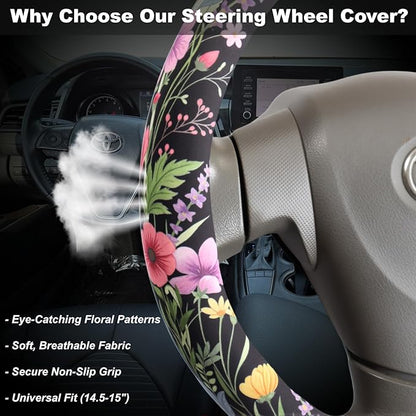 Wildflower Bloom Steering Wheel Cover for 14.5-15 Inch (37-38 cm) Wheels, Premium Fabric with Non-Slip Rubber Inner Ring (Wildflower Bloom)