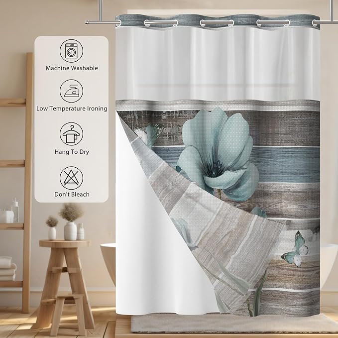 GICDSU No Hook Shower Curtain with Snap in Liner, Waffle Shower Curtain Set for Bathroom, Turquoise Floral Style with Semi-Sheer Top Window, Waterproof & Washable, 71" W x 80" L