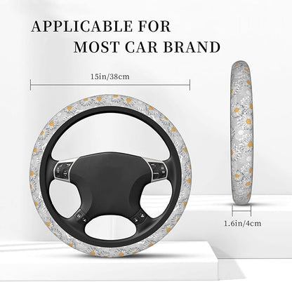Floral Daisy Steering Wheel Cover Women Men Vintage Flower Elastic Stretch Soft Car Wheel Protector Universal Breathable No-Slip Car Accessories for Truck Van SUV Auto Fit 14-15 Inches