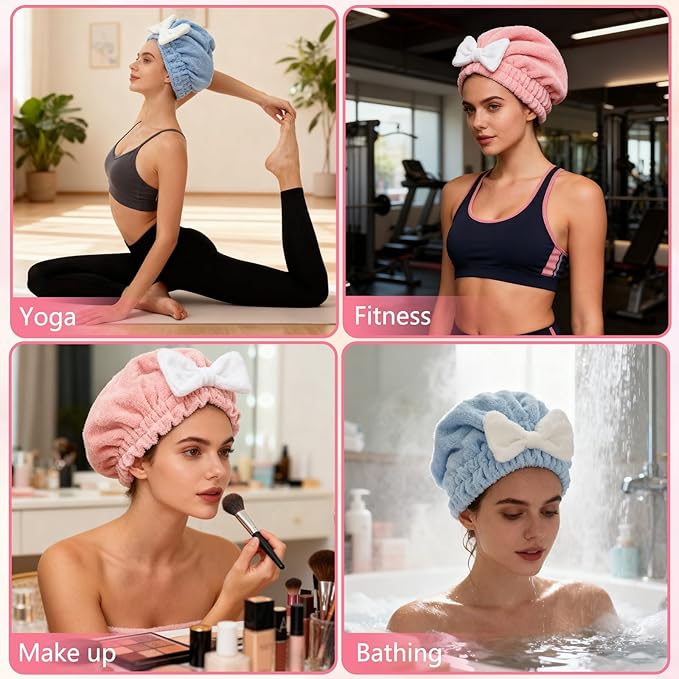 2PCS Super Absorbent Hair Towel Wrap for Wet Hair,Microfiber Hair Drying with Caps Bow Design,2026 New Fast Drying Hair Turban Wrap Towels Shower Cap for Girls and Women(Pink, Blue)