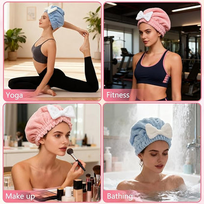 4PCS Super Absorbent Hair Towel Wrap for Wet Hair,Microfiber Hair Drying with Caps Bow Design,2026 New Fast Drying Hair Turban Wrap Towels Shower Cap for Girls and Women(Pink, Blue,Yellow,Red)