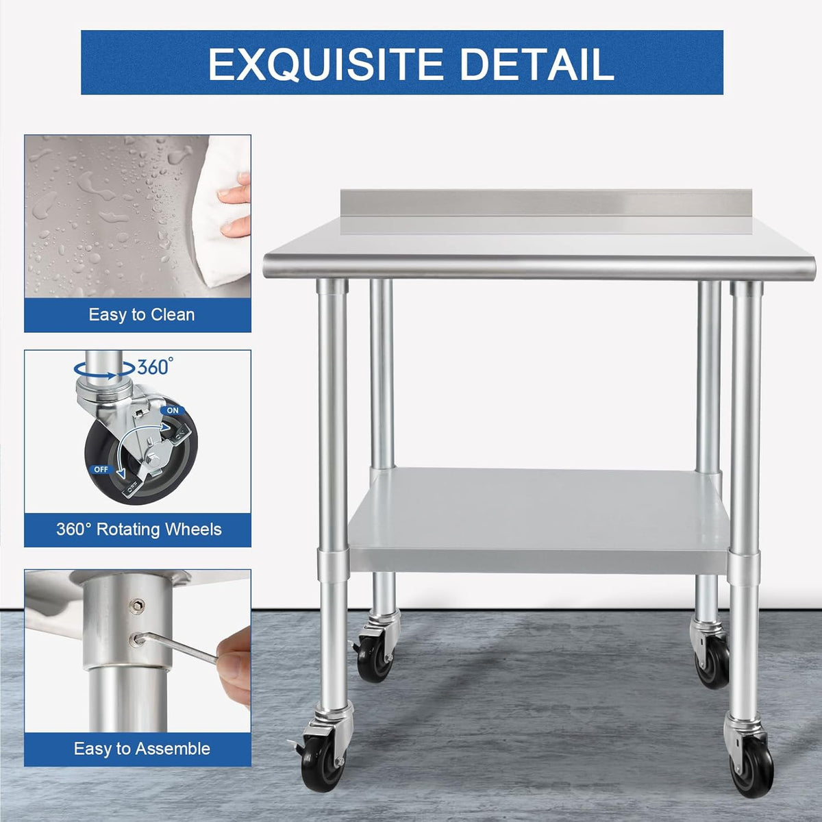 HARDURA Stainless Steel Table 30 x 36 Inches with Wheels Casters NSF Heavy Duty Commercial Prep Table with 2” Backsplash and Adjustable Undershelf for Restaurant Kitchen Home and Hotel