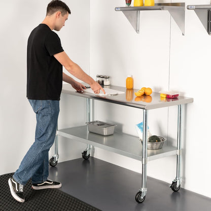 HARDURA Stainless Steel Table with Wheels 30 x 60 Inches Casters NSF Heavy Duty Commercial Work & Prep Table with Undershelf and Galvanized Legs for Restaurant Kitchen Bar and Hotel Garage