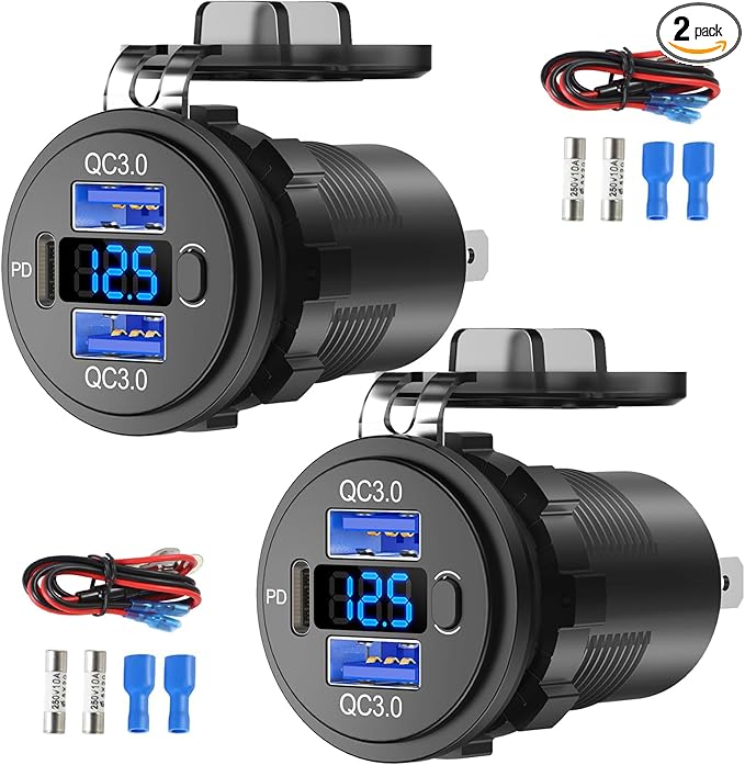 2 pack 12V USB C Outlet Marine USB Charging Port for Car, Dual Quick Charge 3.0 & PD 3.0 Car Charger Socket with Button Switch and Voltmeter, Cigarette Lighter Replacement DIY Kit for 12V/24V Vehicles
