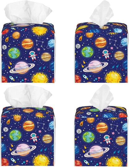 POIUBLE Leather Tissue Box Holder Solar System Universe Planet Tissue Box Cover Square Waterproof Tissue Holder Organizer Modern Napkin Holder for Bedroom Dresser Night Stand Office Desk