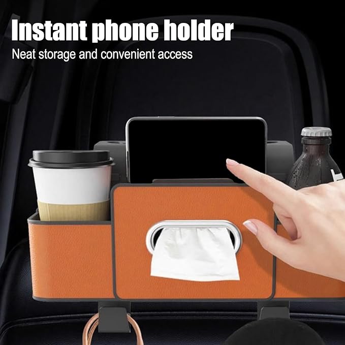 Car Back Seat Organizer with Hooks & Tissue Dispenser – Faux Leather Storage Box with Cup Holders, Multi-Compartment for Sunglasses & Chargers, Compatible with Most Seat Black 2pcs