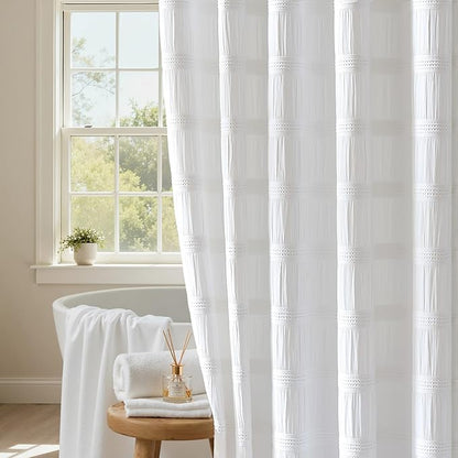 Lameirose Extra Long White Shower Curtain Farmhouse,72 x 96 Cotton Blend Waffle Tufted Striped Chic Textured Fabric Shower Curtain for Bathroom, Hotel, Washable
