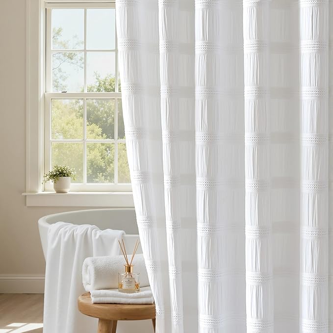 Lameirose Extra Long White Shower Curtain Farmhouse,72 x 78 Cotton Blend Waffle Tufted Striped Chic Textured Fabric Shower Curtain for Bathroom, Hotel, Washable