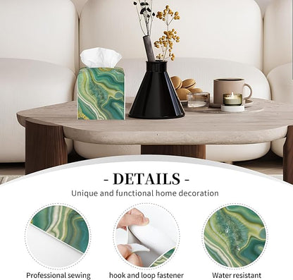 POIUBLE Leather Tissue Box Holder Green and Gold Abstract Marble Tissue Box Cover Square Waterproof Tissue Holder Organizer Modern Napkin Holder for Bedroom Dresser Night Stand Office Desk
