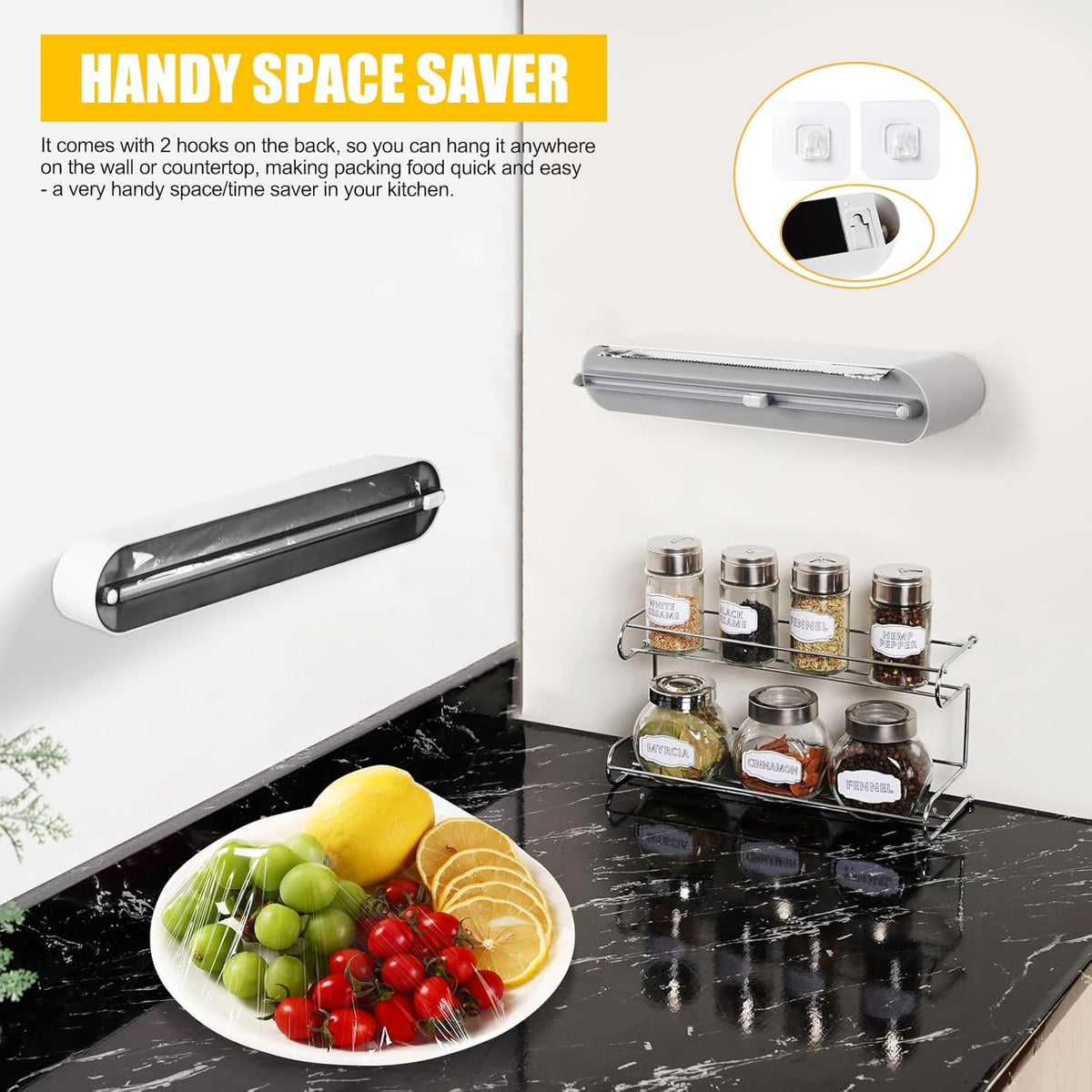 Aluminum Foil & Plastic Wrap Dispenser with Slide Cutter - Magnetic & No-Drill Wall Mount, Cling Film Dispenser for Worktops & Cabinets, Space-Saving Kitchen Organizer - Fits 12" Rolls, Black