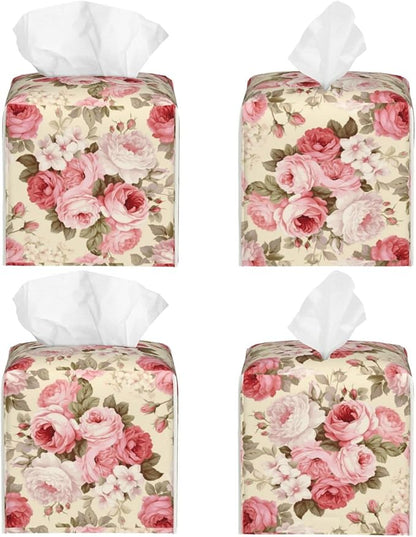 PVC Tissue Box Cover Holder,Flower Square Decorative Organizer,5.2"X5.2"X5.2" Tissue Case for Bathroom,Tabletop,Car,Office