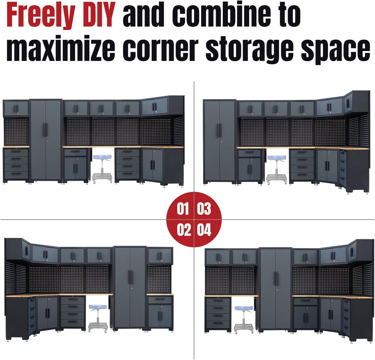 15-Piece Corner Garage Storage Cabinet System - Heavy Duty Workshop Set w/Corner Cabinet Includes Workbench, Pegboard & Lockable Drawers | Metal Tool Organization System for Garage/Workshop