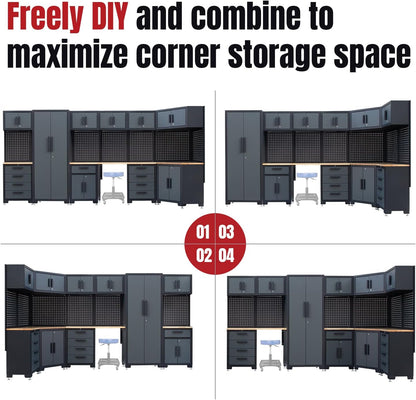 15-Piece Corner Garage Storage Cabinet System - Heavy Duty Workshop Set w/Corner Cabinet Includes Workbench, Pegboard & Lockable Drawers | Metal Tool Organization System for Garage/Workshop