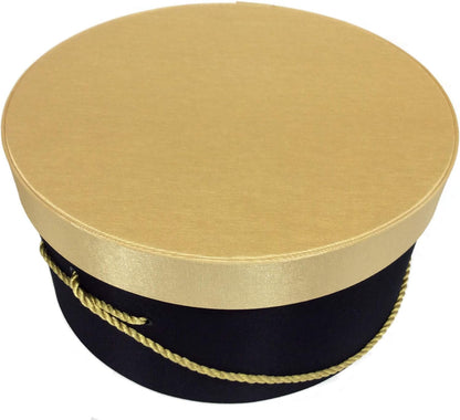 Sarah's Hat Boxes Classic Black/Gold Hat Box – 8.75" x 4.5" (Dia. x Ht.) Handmade in USA – Odorless Non-Toxic Adhesive, Cording Handle – Premium Storage for Hats & Accessories