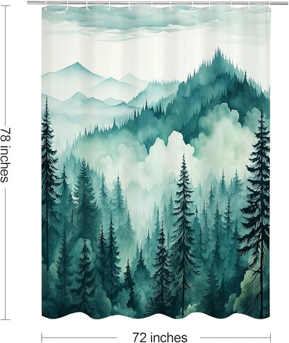 Litabel Teal Blue Long Misty Pine Forest Shower Curtain 72 x 78, Mountain Foggy Woodland Scenery Tree 78 Inch Long Shower Curtains for Bathroom, Turquoise Abstract Waterproof Nature-Themed Decor