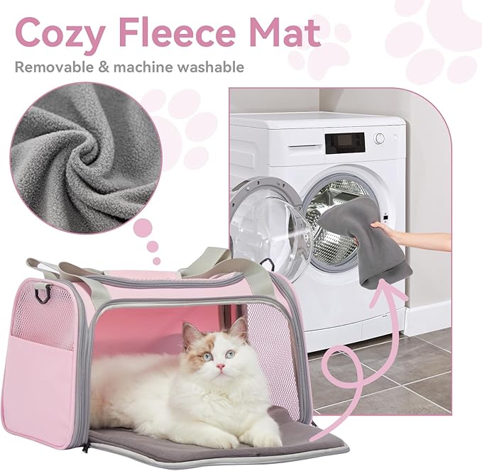 Airline Approved Cat Carrier 17.5×10.5×10.5 in, Escape-Proof Design with Locking Zippers & Safety Leash, Easy-Access 3-Way Entry, Washable Mat, Gift-Ready Holiday Choice for Cats up to 12 lb