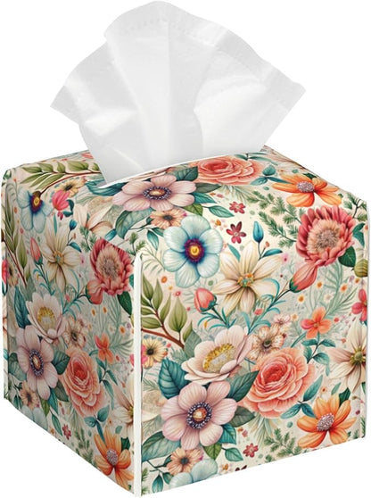 Leather Tissue Box Holder Colorful Floral Tissue Box Cover Facial Paper Case Organizer Cube Napkin Dispenser for Bathroom Vanity Countertop Night Stand Office Car