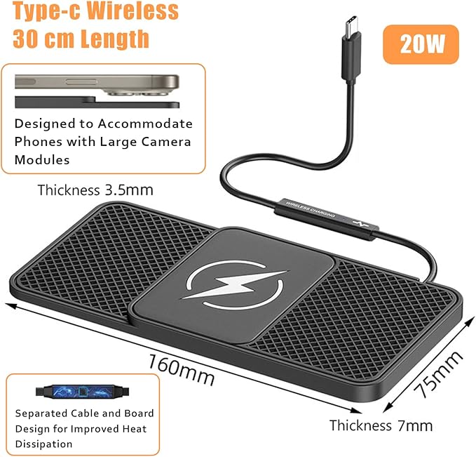 Wireless Car Phone Charger for BMW 4 Series Coupe M4(2014–2025), Type C/USB 20W Fast Charging Pad, Non-Slip Charging Station for Travel Home Office Desk, Lightweight,Type-C