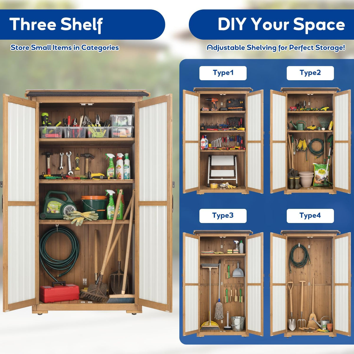 Outdoor Storage Cabinet Weather-Resistant, Wood & Metal Storage Shed with 3 Removable Shelves, Waterproof Roof, Adjustable Feet, Patio Storage Cabinet Outside for Garden Garage Backyard Pool