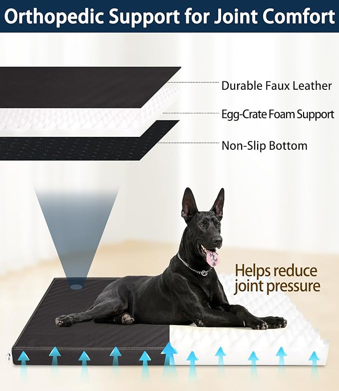 Dog Bed for Crate Orthopedic, Waterproof with Removable Washable Vegan Leather Cover, Suitable for Pets Up to 90 lbs