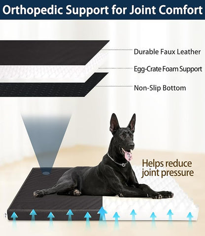 Dog Bed for Crate Orthopedic, Waterproof with Removable Washable Vegan Leather Cover, Suitable for Pets Up to 90 lbs