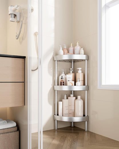 Nieifi Corner Shower Caddy Stand-3 Tier Rustproof Anodized Aluminum Standing Shower Organizer-Shower Caddy Corner-Dual Stability to Anti-Shaking-Height-Adjustable Legs for Uneven Surfaces-Silver