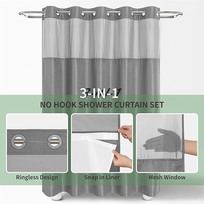 eachope Long No Hook Shower Curtain with Snap-in Fabric Liner Set,Grey Waffle Weave Shower Curtains for Bathroom,Hotel Luxury Decor Bathroom Curtain Set,Waterproof & Washable,71Wx80H