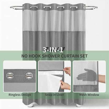 eachope Grey No Hook Shower Curtain with Snap-in Fabric Liner Set,Waffle Weave Shower Curtains for Bathroom,Hotel Luxury Decor Bathroom Curtain Set,Waterproof & Washable,71Wx77H