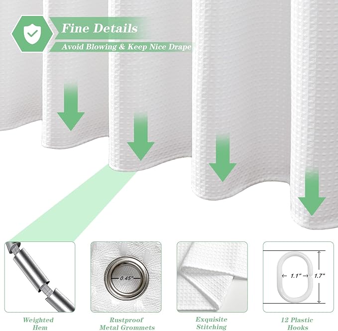 meioro White Shower Curtain, Waffle Weave 256GSM Heavy Duty Textured Fabric Shower Curtains for Bathroom Hotel Spa, Luxury Weighted Polyester Cloth Bath Curtain Set with 12 Hooks, 72Wx84H