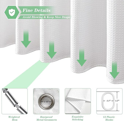 meioro White Shower Curtain, Waffle Weave 256GSM Heavy Duty Textured Fabric Shower Curtains for Bathroom Hotel Spa, Luxury Weighted Polyester Cloth Bath Curtain Set with 12 Hooks, 72Wx96H