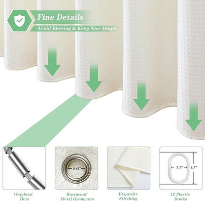 meioro Ivory Shower Curtain, Waffle Weave 256GSM Heavy Duty Textured Fabric Shower Curtains for Bathroom Hotel Spa, Luxury Weighted Polyester Cloth Bath Curtain Set with 12 Hooks, 72Wx78H