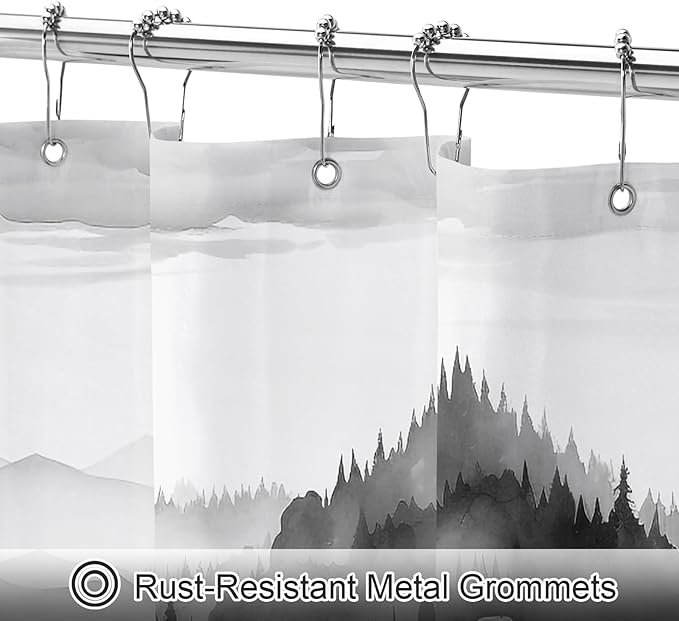 Litabel Black Small Stall Misty Pine Forest Shower Curtain 36 x 72, Mountain Foggy Woodland Scenery Tree Narrow Half Size Shower Curtains for Bathroom, Abstract Waterproof Nature-Themed Decor