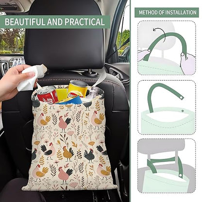 Cute Car Trash Can, Hanging Canvas Car Back Seat Organizer and Storage Bag, Funny Car Trash Bag For Travelling, Outdoor Cute Boho Chicken