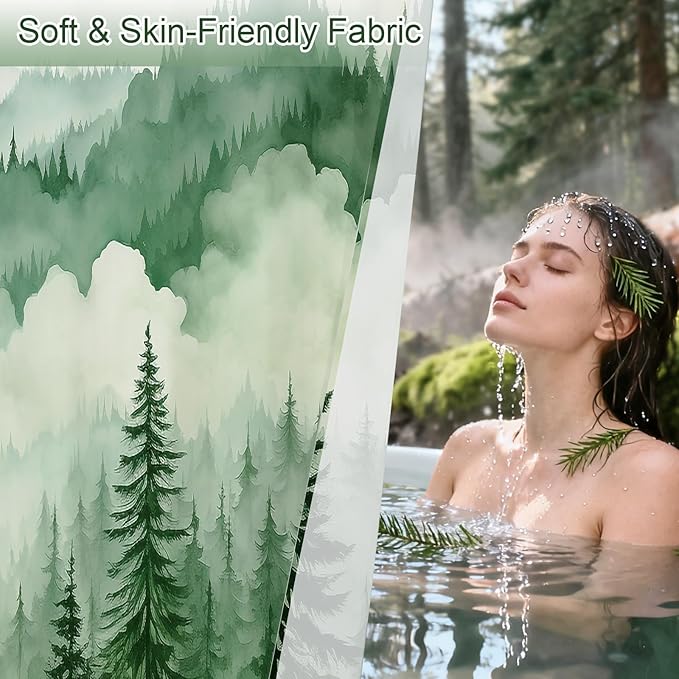 Litabel Green Small Stall Misty Pine Forest Shower Curtain 36 x 72, Mountain Foggy Woodland Scenery Tree Narrow Half Size Shower Curtains for Bathroom, Abstract Waterproof Nature-Themed Decor