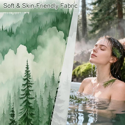 Litabel Green Extra Long Misty Pine Forest Shower Curtain 72 x 84, XL Mountain Foggy Woodland Scenery Tree Shower Curtains for Bathroom, Abstract Waterproof Nature-Themed Decor