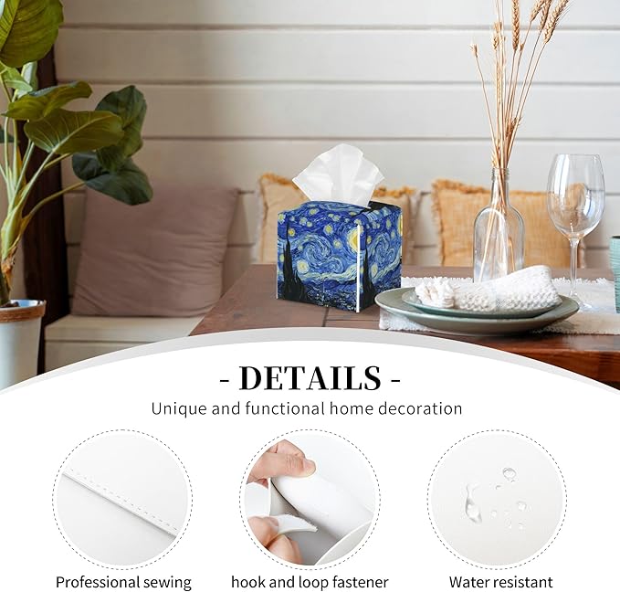 POIUBLE Starry Night Tissue Box Cover Leather Tissue Box Holder Square Facial Paper Organizer Dispenser for Bathroom Kitchen Bedroom Vanity Countertop Night Stands