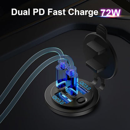 2 Pack Dual PD 30W USB C Port and Dual Quick Charge 3.0 Port 12V USB Outlet with Power Switch, 78W Multiport Car Charger Socket Waterproof DIY Accessories for Car Boat Marine Motorcycle RV ATV
