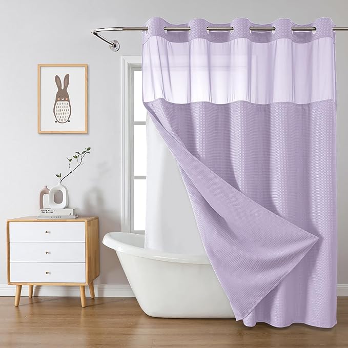 eachope Lavender Long No Hook Waffle Weave Shower Curtain with snap-in Liner Replacement, 230GSM Waterproof Fabric Hotel Shower Curtain Set for Bathroom, Through Mesh Top Window,71Wx80H