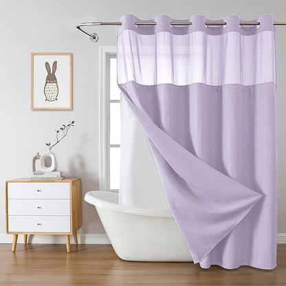 eachope Lavender Long No Hook Waffle Weave Shower Curtain with snap-in Liner Replacement, 230GSM Waterproof Fabric Hotel Shower Curtain Set for Bathroom, Through Mesh Top Window,71Wx80H