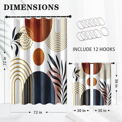 Culudea Boho Geometric Leaf Shower Curtain Set, Mid Century Sun Bohemian Bathroom Window Waffle Textured Cloth Waterproof Shower Curtains for Bathroom Decor